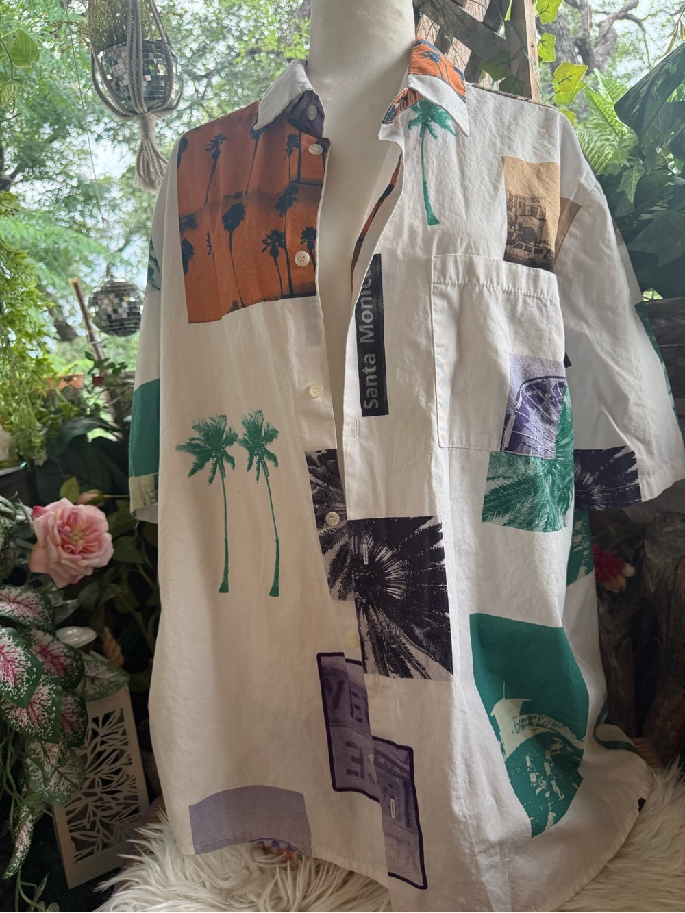 Zara White Shirt with Brown and Black Tropical Trim